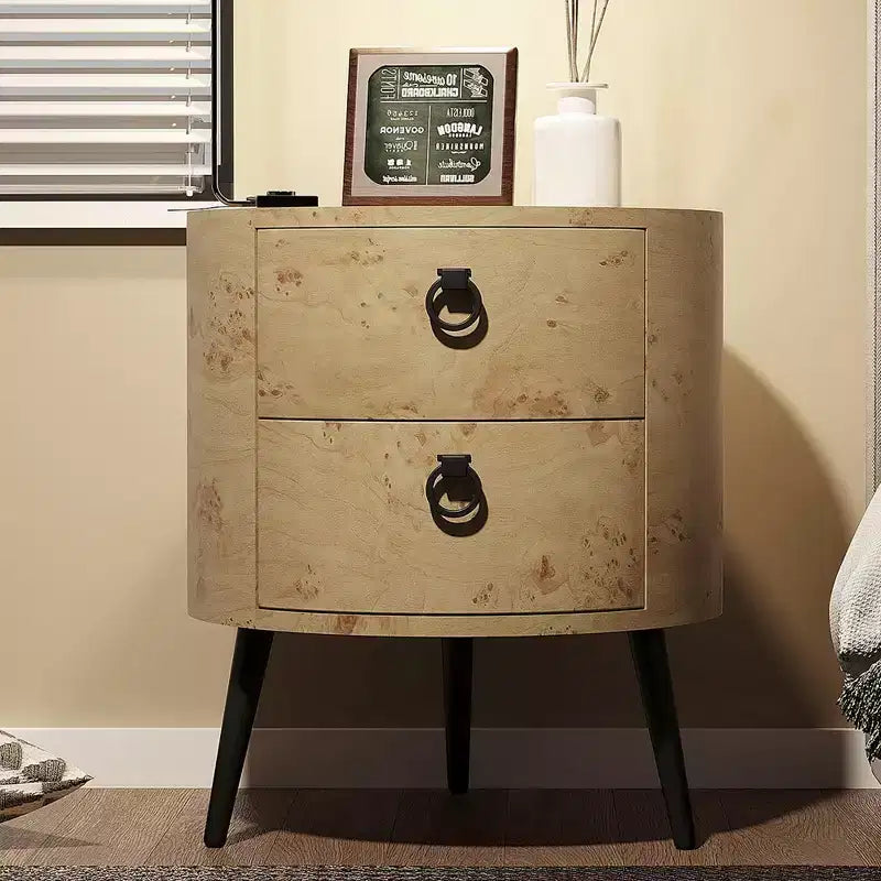 Tavolino rotondo con cassetti Comodino moderno con contenitore Tavolino d'accento rotondo in legno con gambe in metallo per soggiorno