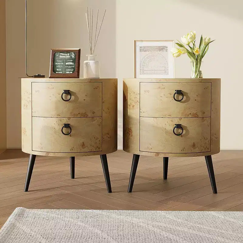Tavolino rotondo con cassetti Comodino moderno con contenitore Tavolino d'accento rotondo in legno con gambe in metallo per soggiorno