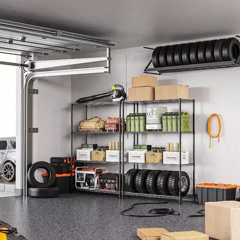 Scaffali a 4 ripiani in filo metallico nero resistente da 1400 libbre per garage, cucina, ufficio, dormitorio, magazzino, regolabili