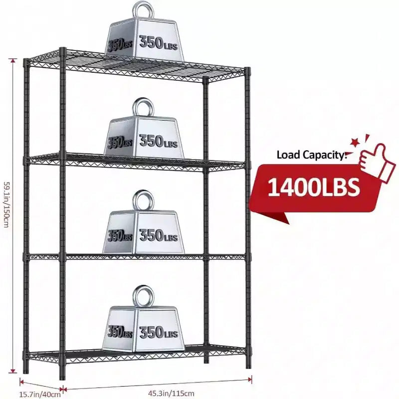 Scaffali a 4 ripiani in filo metallico nero resistente da 1400 libbre per garage, cucina, ufficio, dormitorio, magazzino, regolabili