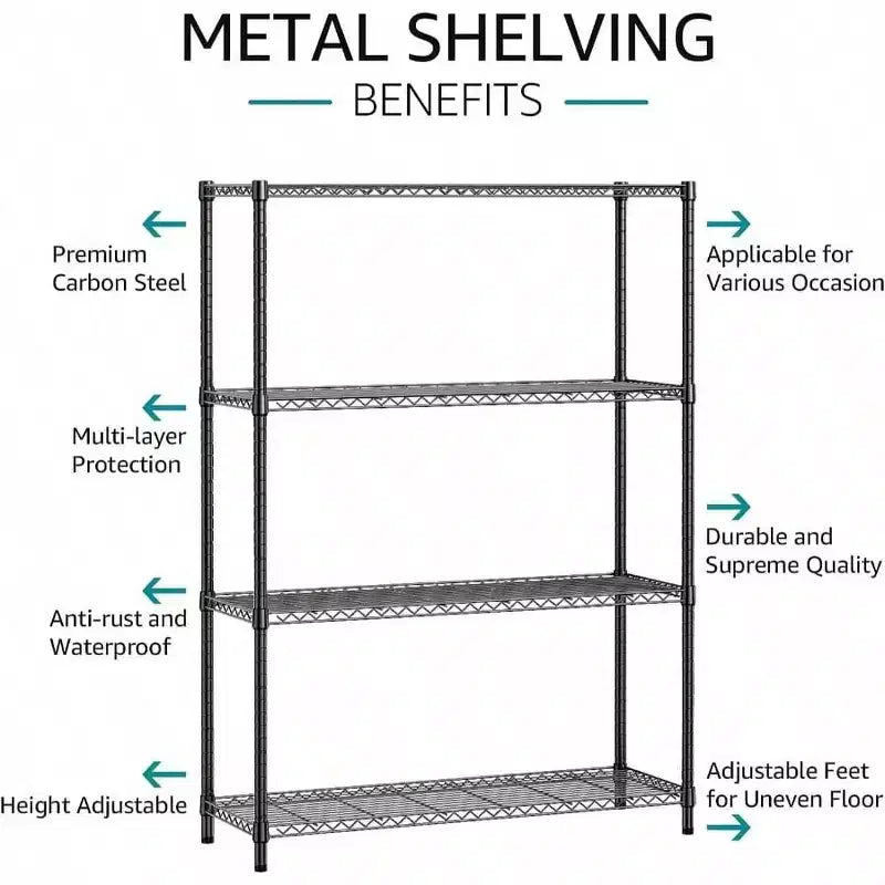 Scaffali a 4 ripiani in filo metallico nero resistente da 1400 libbre per garage, cucina, ufficio, dormitorio, magazzino, regolabili