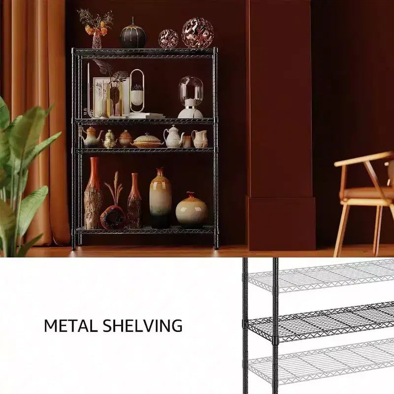 Scaffali a 4 ripiani in filo metallico nero resistente da 1400 libbre per garage, cucina, ufficio, dormitorio, magazzino, regolabili