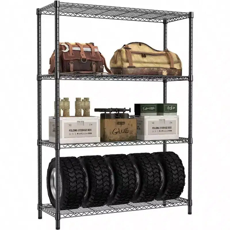 Scaffali a 4 ripiani in filo metallico nero resistente da 1400 libbre per garage, cucina, ufficio, dormitorio, magazzino, regolabili