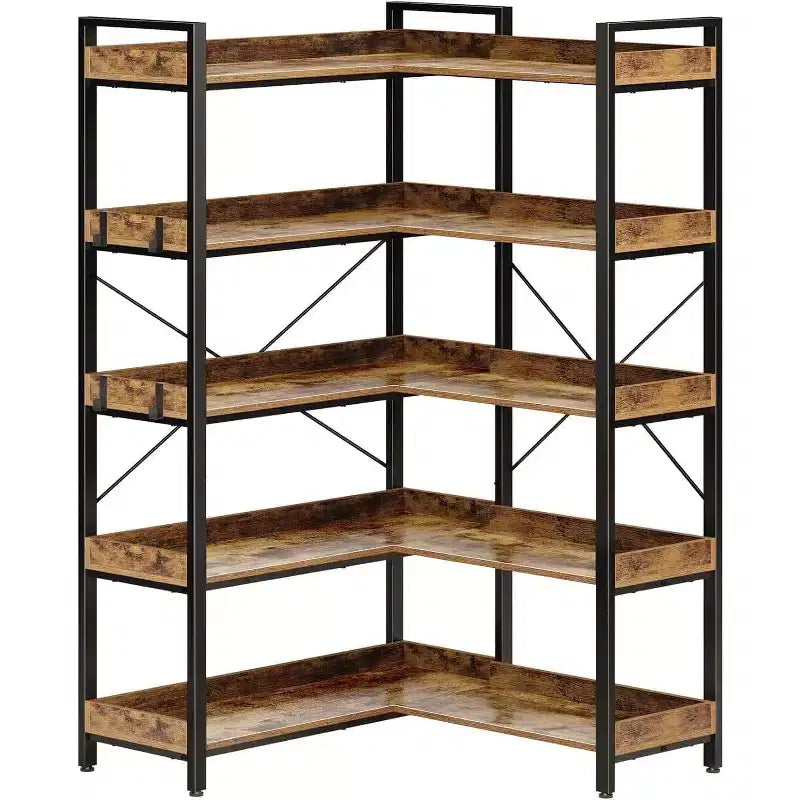 Libreria a 5 livelli con 4 ganci, libreria ad angolo reversibile, libreria industriale in legno da 165 cm con ripiani aperti e struttura in metallo per soggiorno