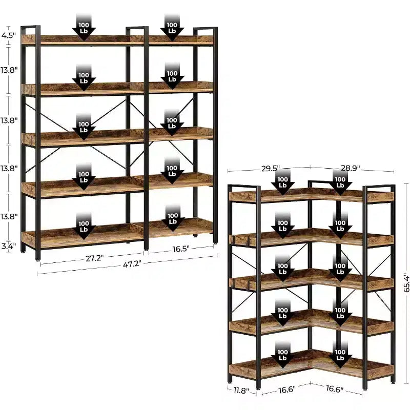 Libreria a 5 livelli con 4 ganci, libreria ad angolo reversibile, libreria industriale in legno da 165 cm con ripiani aperti e struttura in metallo per soggiorno