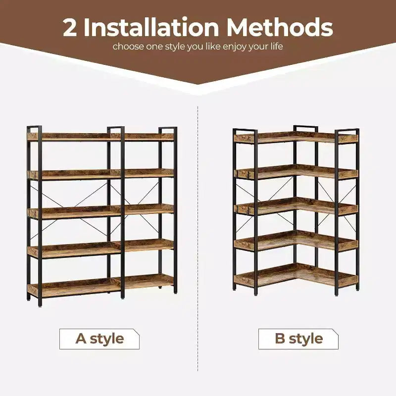 Libreria a 5 livelli con 4 ganci, libreria ad angolo reversibile, libreria industriale in legno da 165 cm con ripiani aperti e struttura in metallo per soggiorno