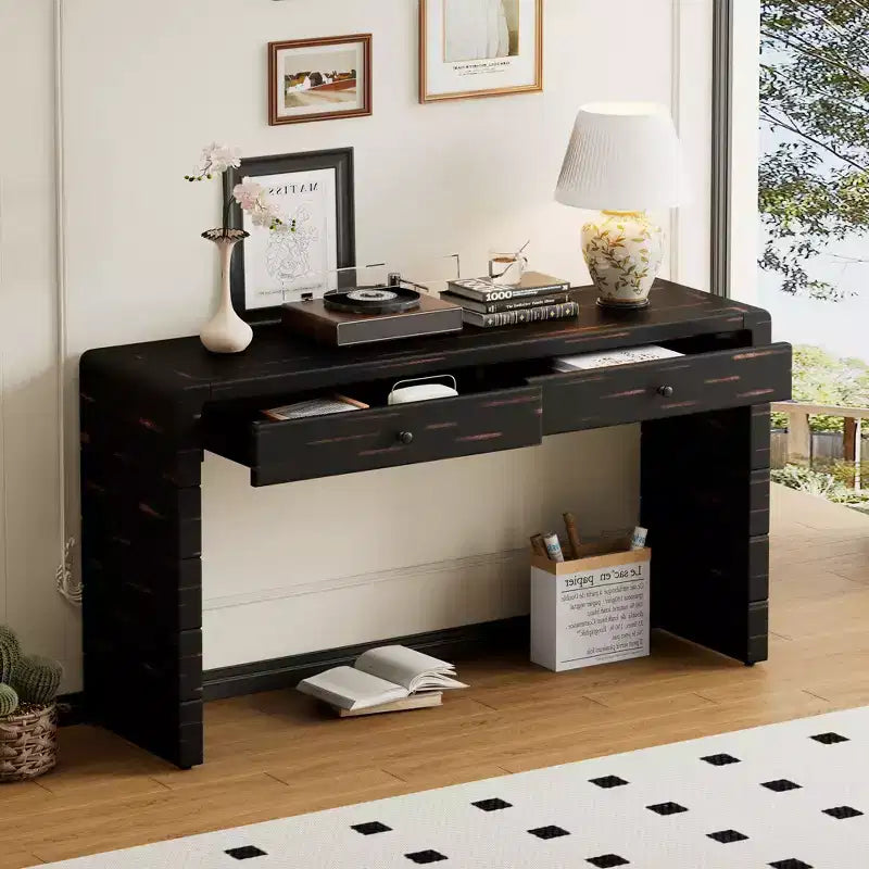 Tavolino curvo da 55.00 pollici, scrivania da ingresso in legno a due cassetti, tavolino rustico vintage per corridoi - Nero