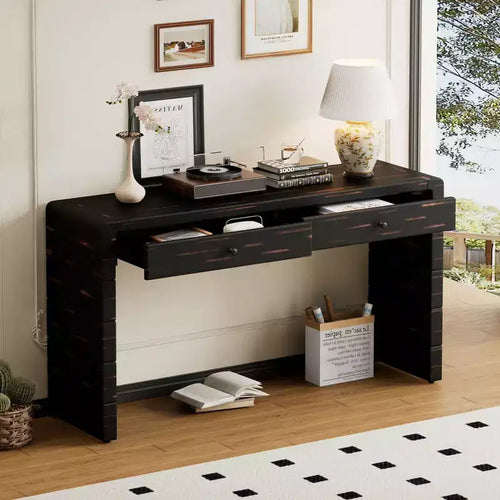 Tavolino curvo da 55.00 pollici, scrivania da ingresso in legno a due cassetti, tavolino rustico vintage per corridoi - Nero