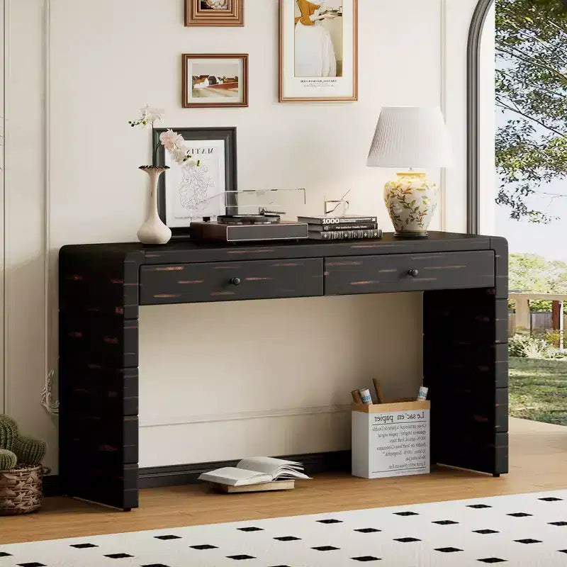Tavolino curvo da 55.00 pollici, scrivania da ingresso in legno a due cassetti, tavolino rustico vintage per corridoi - Nero