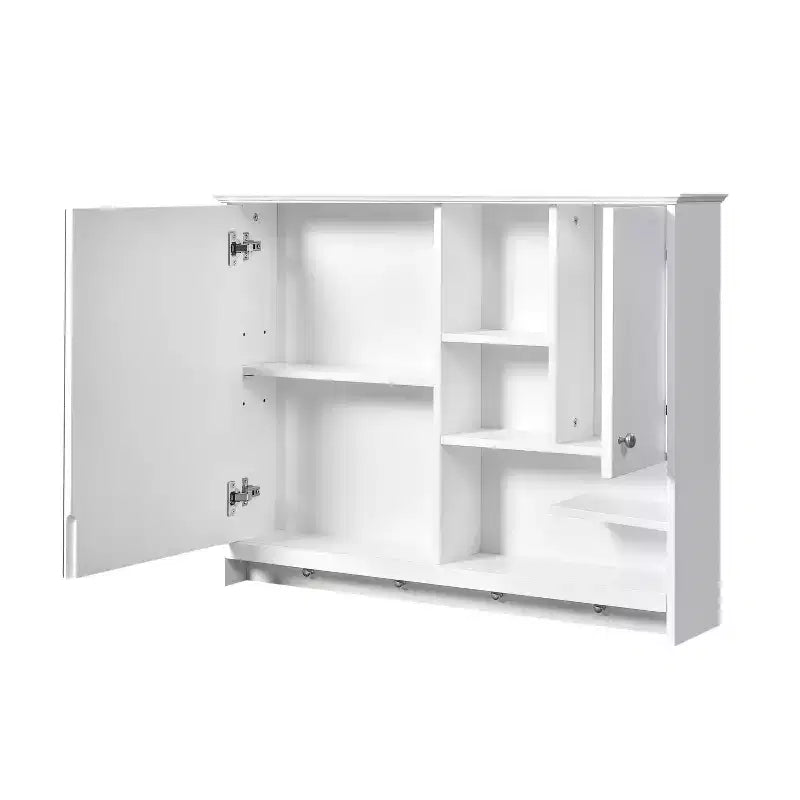 Mobiletto medico rettangolare in MDF con specchio, 6 ripiani, pomelli appendiasciugamani