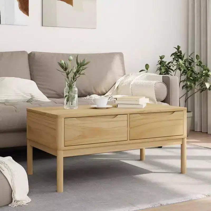 Tavolino da salotto con contenitore, mobile d'arredo per soggiorno, in legno massello di pino