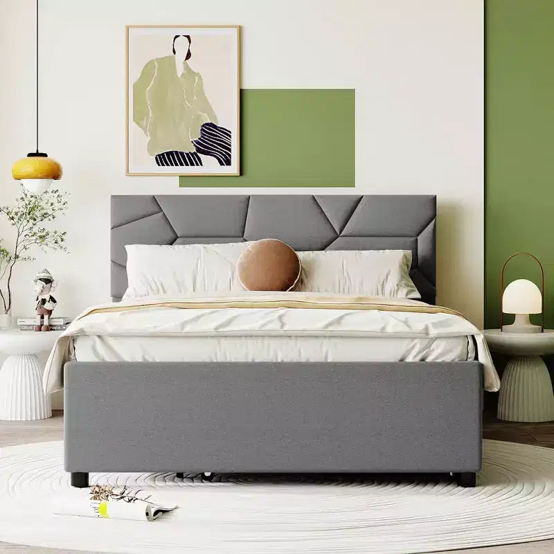 Letto a piattaforma imbottito matrimoniale, testiera motivo a mattoni con letto estraibile singolo in tessuto di lino, camera da letto, grigio