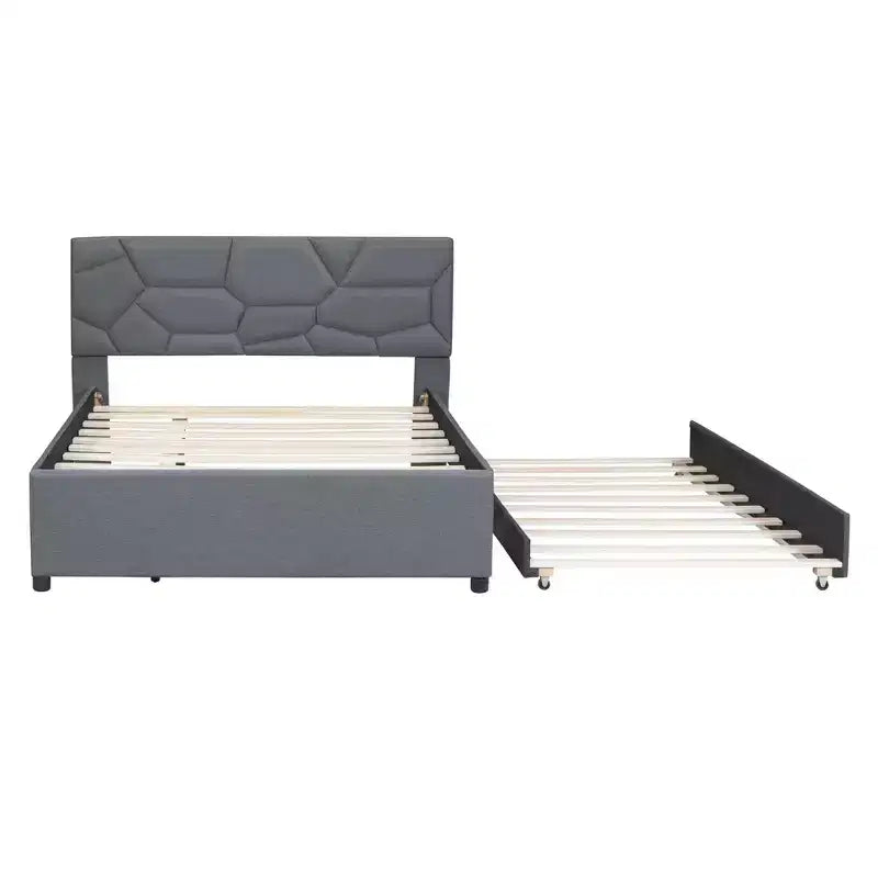 Letto a piattaforma imbottito matrimoniale, testiera motivo a mattoni con letto estraibile singolo in tessuto di lino, camera da letto, grigio