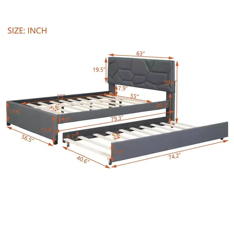 Letto a piattaforma imbottito matrimoniale, testiera motivo a mattoni con letto estraibile singolo in tessuto di lino, camera da letto, grigio