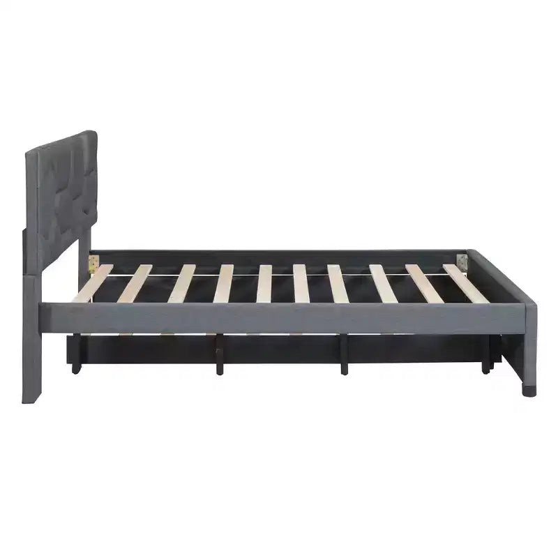 Letto a piattaforma imbottito matrimoniale, testiera motivo a mattoni con letto estraibile singolo in tessuto di lino, camera da letto, grigio