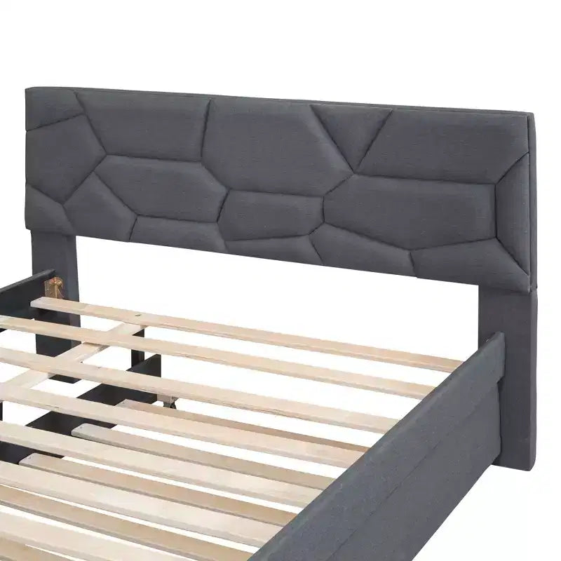 Letto a piattaforma imbottito matrimoniale, testiera motivo a mattoni con letto estraibile singolo in tessuto di lino, camera da letto, grigio