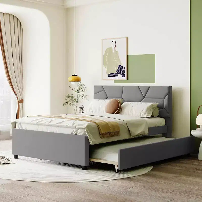 Letto a piattaforma imbottito matrimoniale, testiera motivo a mattoni con letto estraibile singolo in tessuto di lino, camera da letto, grigio