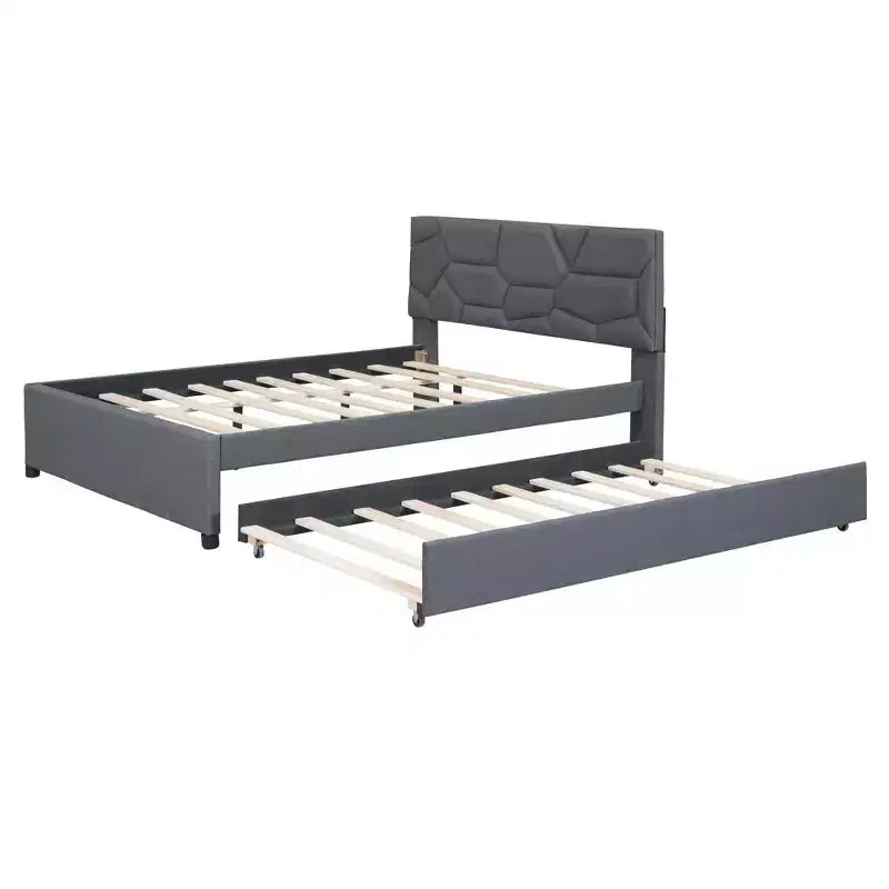 Letto a piattaforma imbottito matrimoniale, testiera motivo a mattoni con letto estraibile singolo in tessuto di lino, camera da letto, grigio