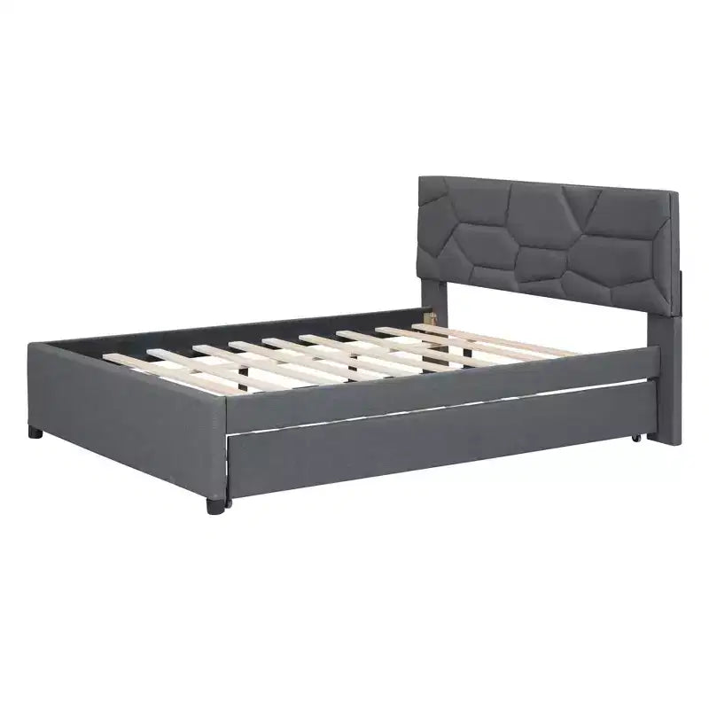 Letto a piattaforma imbottito matrimoniale, testiera motivo a mattoni con letto estraibile singolo in tessuto di lino, camera da letto, grigio