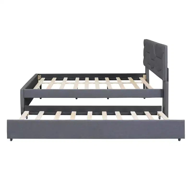 Letto a piattaforma imbottito matrimoniale, testiera motivo a mattoni con letto estraibile singolo in tessuto di lino, camera da letto, grigio