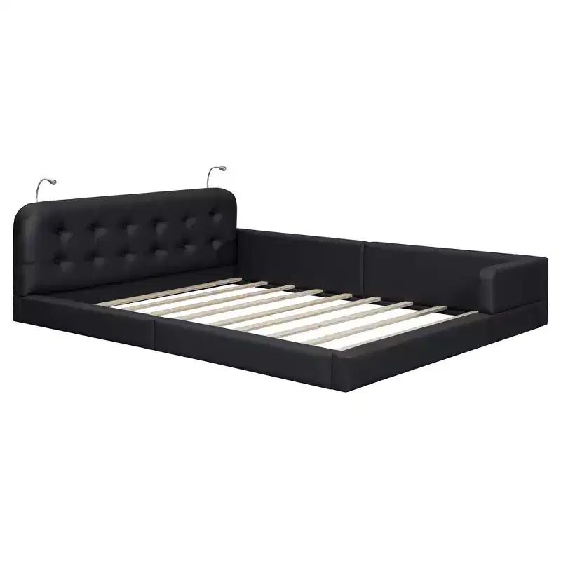 Letto a piattaforma imbottito in pelle PU Queen Size con 2 luci da lettura