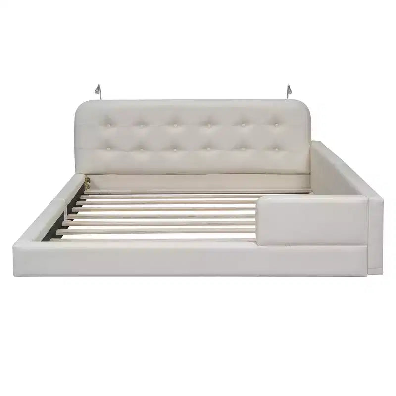 Letto a piattaforma imbottito in pelle PU Queen Size con 2 luci da lettura