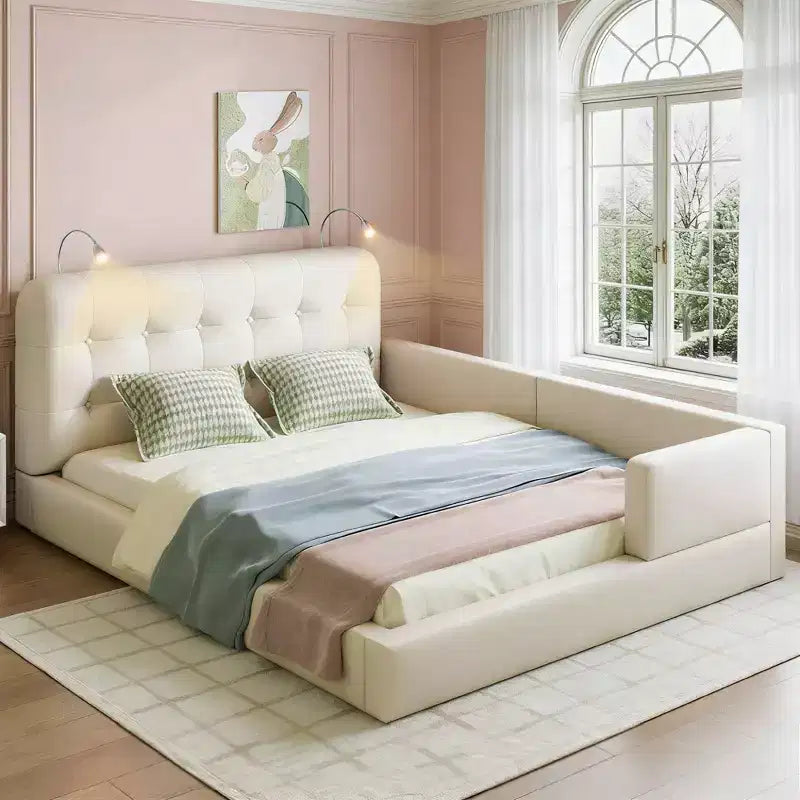 Letto a piattaforma imbottito in pelle PU Queen Size con 2 luci da lettura