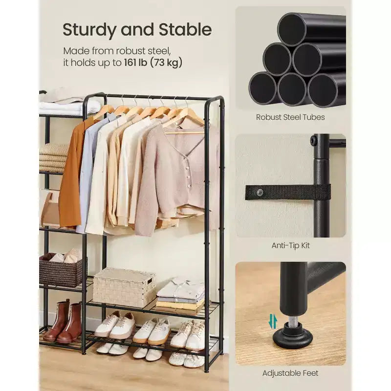 Armadio Guardaroba, Scaffale Portatile di 112 cm con 7 Ripiani e Barra Appendiabiti, Struttura in Acciaio Resistente per Camera da Letto, Nero