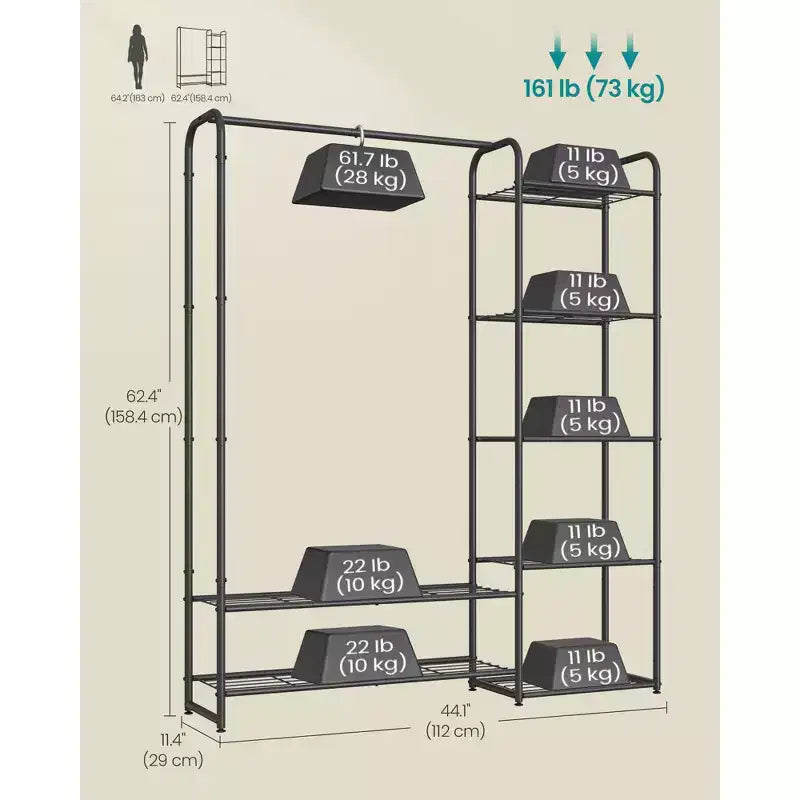 Armadio Guardaroba, Scaffale Portatile di 112 cm con 7 Ripiani e Barra Appendiabiti, Struttura in Acciaio Resistente per Camera da Letto, Nero