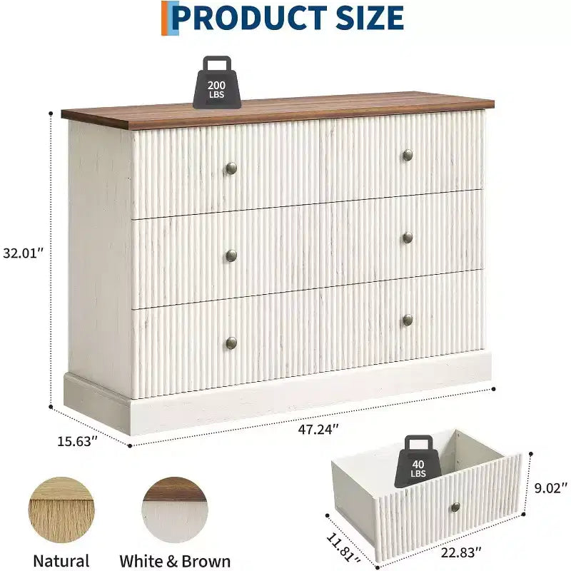Comò 47" a 6 cassetti con scanalature e maniglie in metallo, cassettiera moderna in legno per camera da letto, camera degli ospiti e appartamento