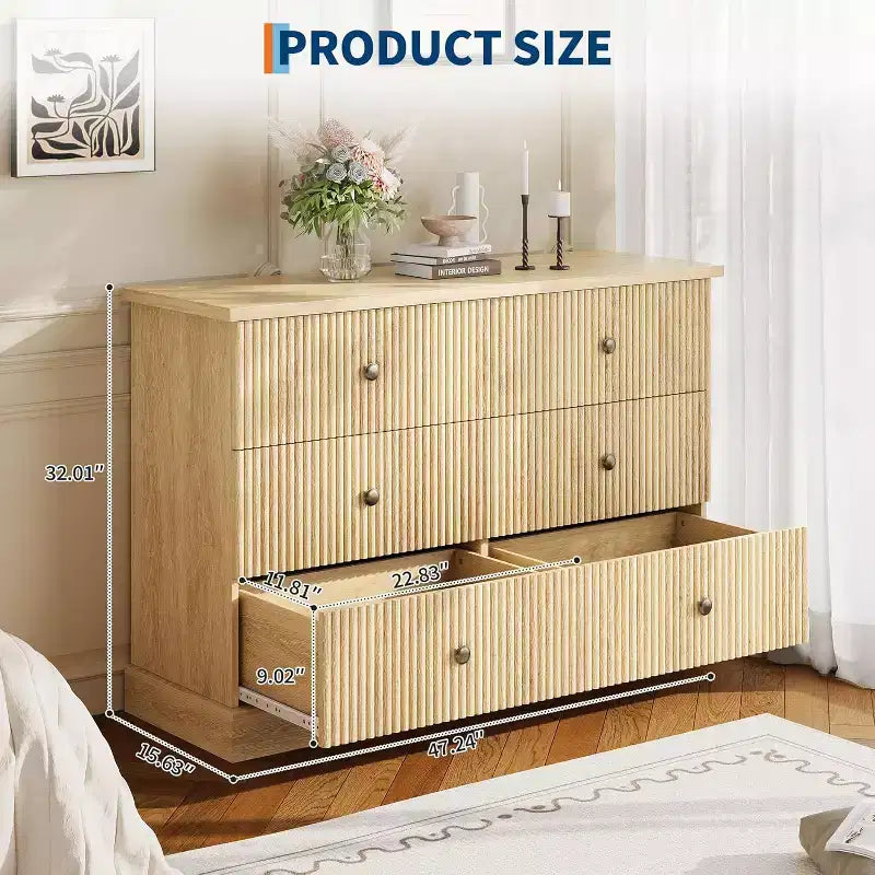 Comò 47" a 6 cassetti con scanalature e maniglie in metallo, cassettiera moderna in legno per camera da letto, camera degli ospiti e appartamento