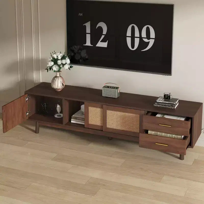 Mobile TV moderno per TV da 80 pollici, Tavolo TV con ante scorrevoli e cassetti per soggiorno e camera da letto