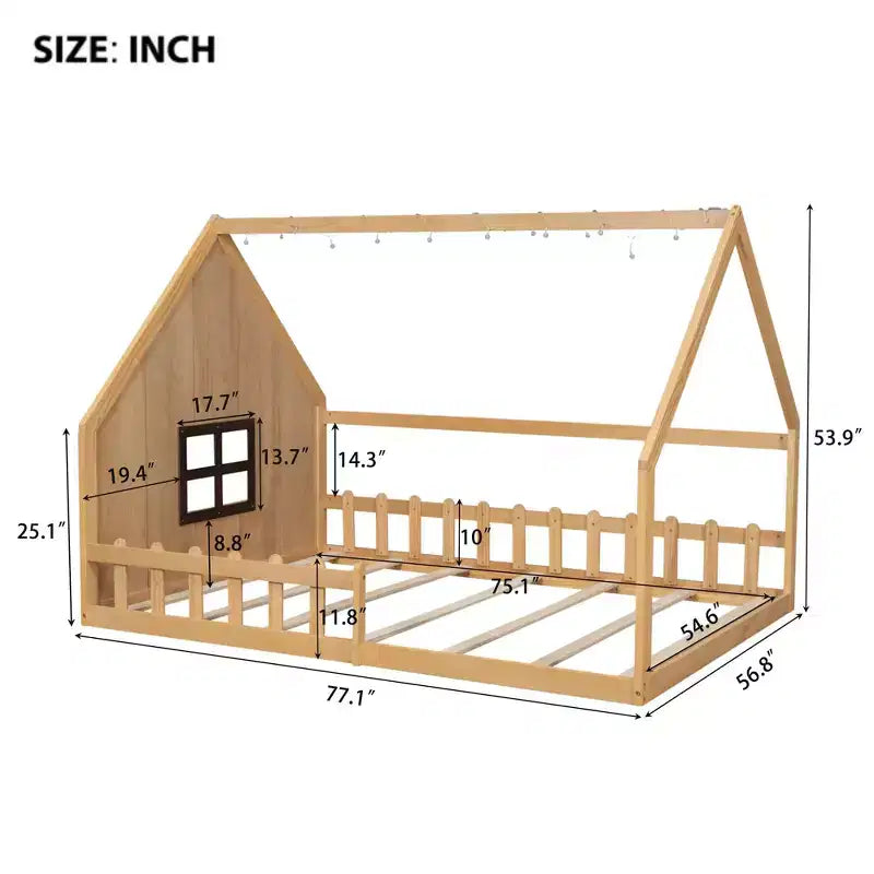Letto a Casetta con Luci a LED, Letto a Pavimento Montessori in Legno Massello di Pino con Supporto a Doghe e Sponda di Sicurezza, Letto a Basso Profilo per Bambini, Misura Matrimoniale