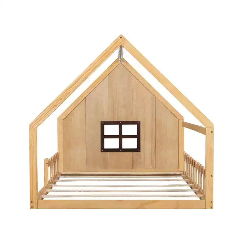 Letto a Casetta con Luci a LED, Letto a Pavimento Montessori in Legno Massello di Pino con Supporto a Doghe e Sponda di Sicurezza, Letto a Basso Profilo per Bambini, Misura Matrimoniale