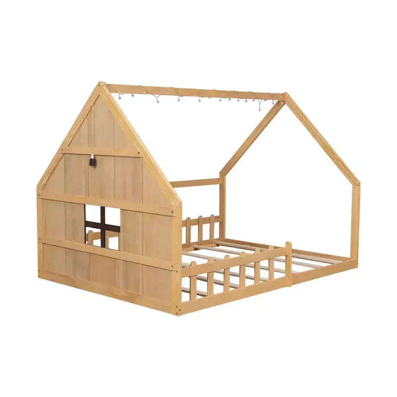 Letto a Casetta con Luci a LED, Letto a Pavimento Montessori in Legno Massello di Pino con Supporto a Doghe e Sponda di Sicurezza, Letto a Basso Profilo per Bambini, Misura Matrimoniale