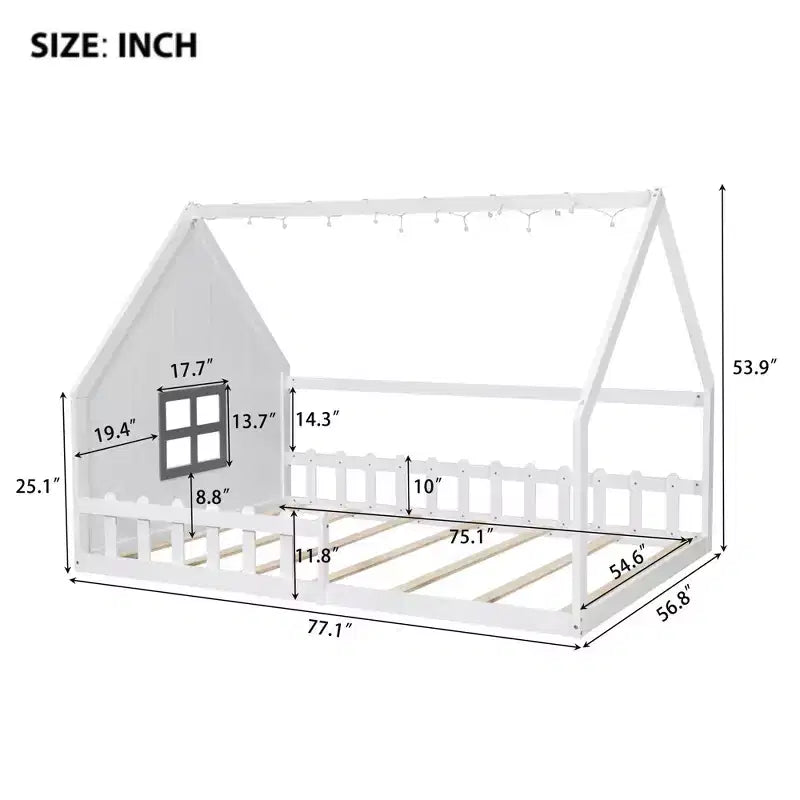 Letto a Casetta con Luci a LED, Letto a Pavimento Montessori in Legno Massello di Pino con Supporto a Doghe e Sponda di Sicurezza, Letto a Basso Profilo per Bambini, Misura Matrimoniale