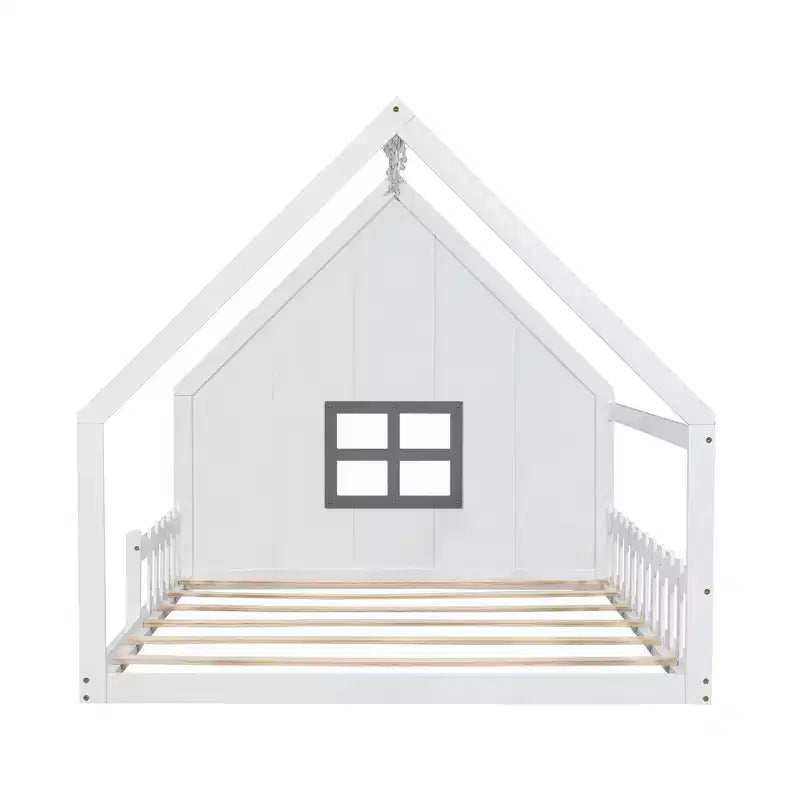 Letto a Casetta con Luci a LED, Letto a Pavimento Montessori in Legno Massello di Pino con Supporto a Doghe e Sponda di Sicurezza, Letto a Basso Profilo per Bambini, Misura Matrimoniale