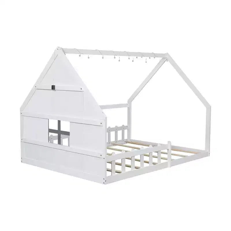 Letto a Casetta con Luci a LED, Letto a Pavimento Montessori in Legno Massello di Pino con Supporto a Doghe e Sponda di Sicurezza, Letto a Basso Profilo per Bambini, Misura Matrimoniale
