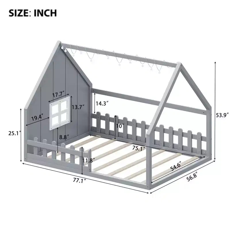Letto a Casetta con Luci a LED, Letto a Pavimento Montessori in Legno Massello di Pino con Supporto a Doghe e Sponda di Sicurezza, Letto a Basso Profilo per Bambini, Misura Matrimoniale