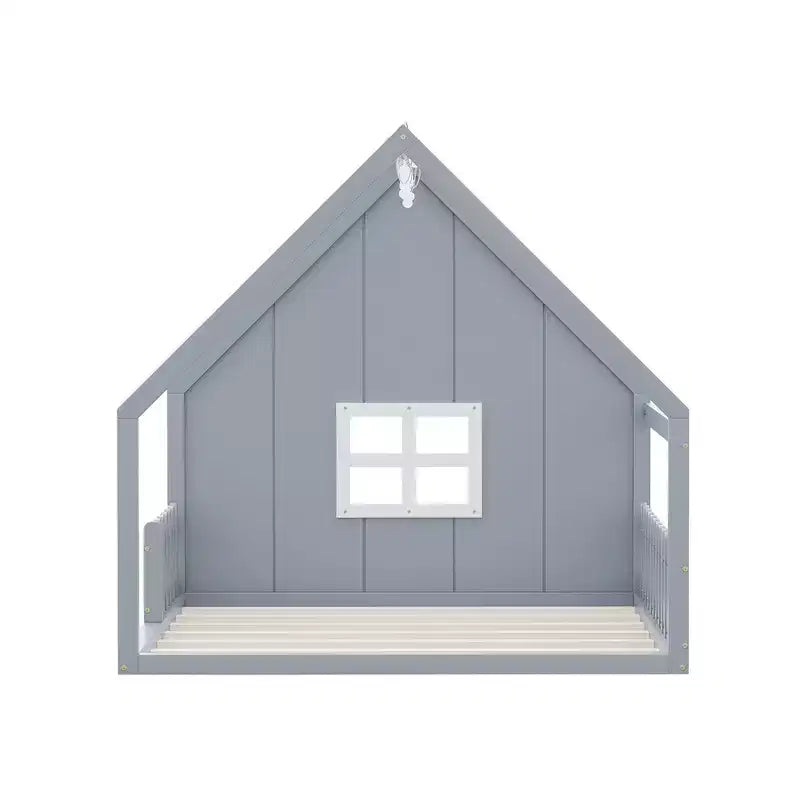 Letto a Casetta con Luci a LED, Letto a Pavimento Montessori in Legno Massello di Pino con Supporto a Doghe e Sponda di Sicurezza, Letto a Basso Profilo per Bambini, Misura Matrimoniale
