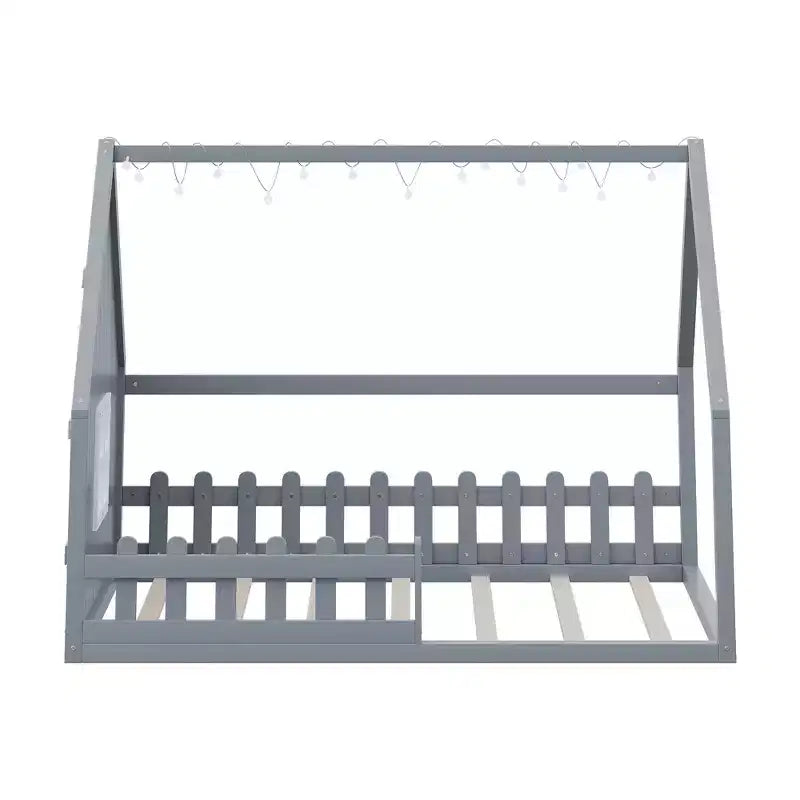 Letto a Casetta con Luci a LED, Letto a Pavimento Montessori in Legno Massello di Pino con Supporto a Doghe e Sponda di Sicurezza, Letto a Basso Profilo per Bambini, Misura Matrimoniale