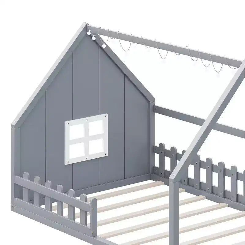Letto a Casetta con Luci a LED, Letto a Pavimento Montessori in Legno Massello di Pino con Supporto a Doghe e Sponda di Sicurezza, Letto a Basso Profilo per Bambini, Misura Matrimoniale