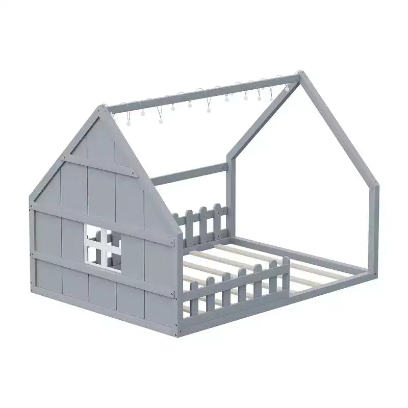 Letto a Casetta con Luci a LED, Letto a Pavimento Montessori in Legno Massello di Pino con Supporto a Doghe e Sponda di Sicurezza, Letto a Basso Profilo per Bambini, Misura Matrimoniale