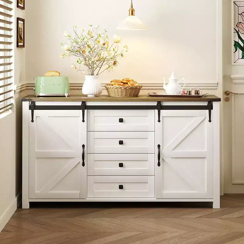 Credenza a buffet da 55" in stile rustico con ante scorrevoli a persiana, armadietto contenitore per sala da pranzo, cucina o soggiorno