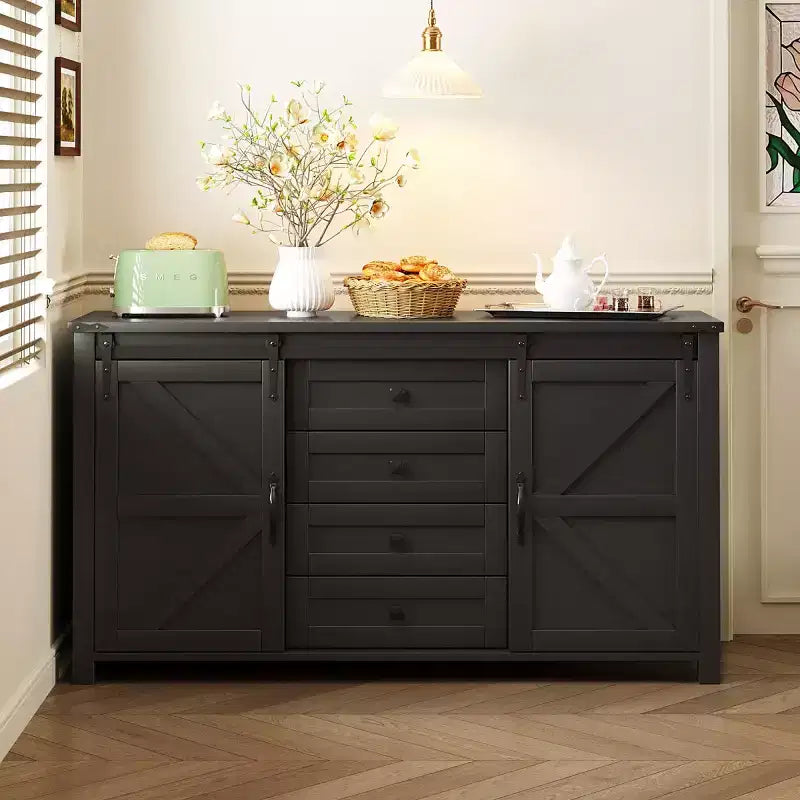 Credenza a buffet da 55" in stile rustico con ante scorrevoli a persiana, armadietto contenitore per sala da pranzo, cucina o soggiorno