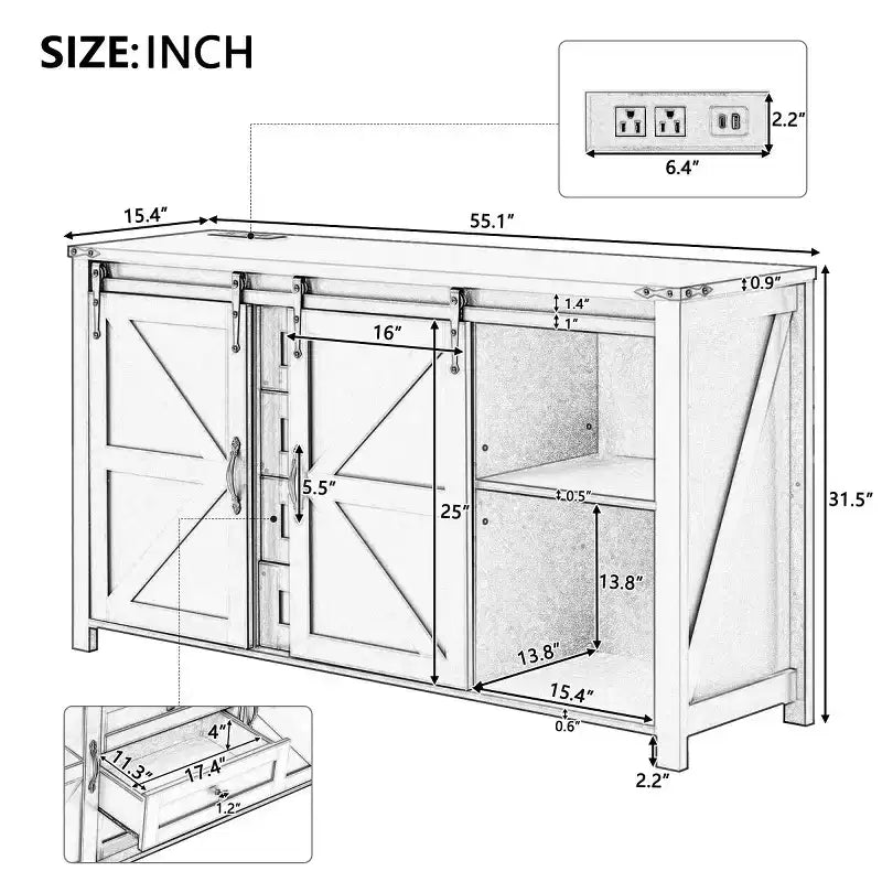Credenza a buffet da 55" in stile rustico con ante scorrevoli a persiana, armadietto contenitore per sala da pranzo, cucina o soggiorno