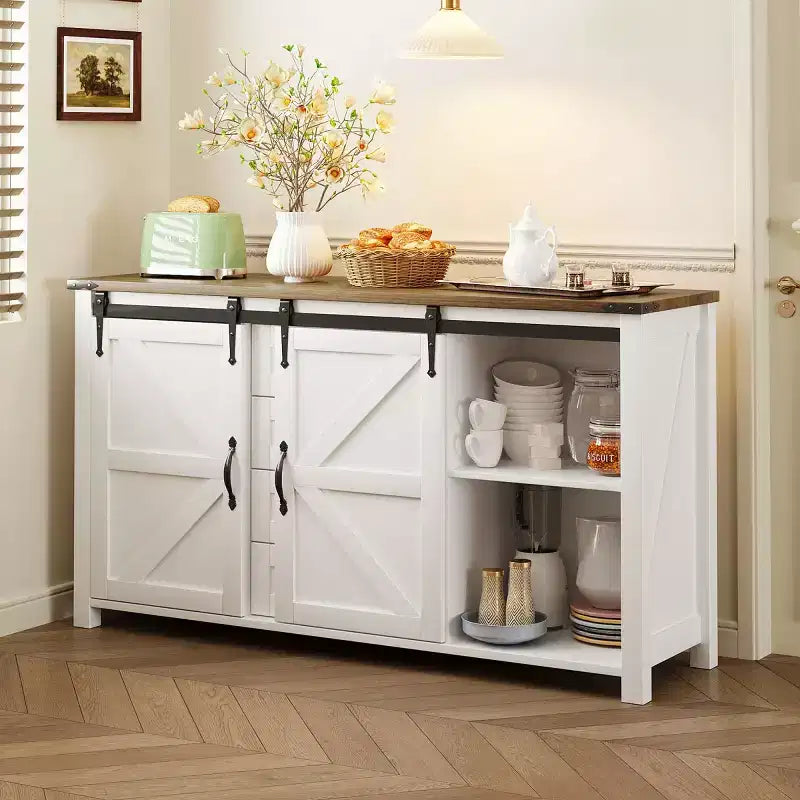 Credenza a buffet da 55" in stile rustico con ante scorrevoli a persiana, armadietto contenitore per sala da pranzo, cucina o soggiorno