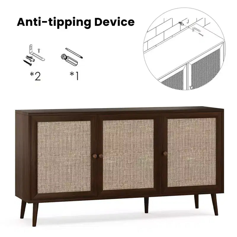 Madia Moderna con 3 Ante in Rattan, Mobile Contenitore con 5 Gambe, Credenza da Cucina per Soggiorno, Ingresso, Marrone