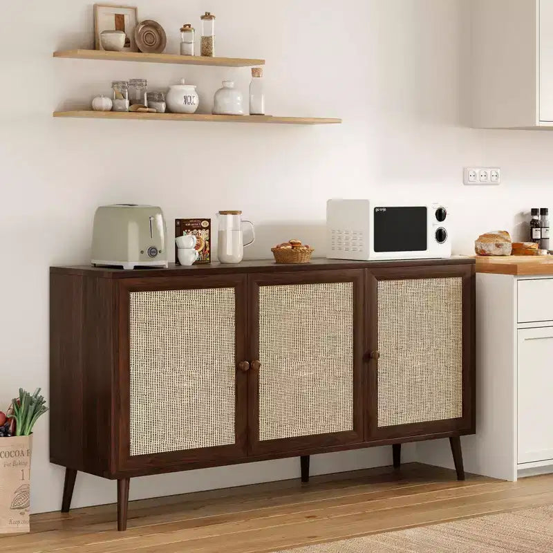 Madia Moderna con 3 Ante in Rattan, Mobile Contenitore con 5 Gambe, Credenza da Cucina per Soggiorno, Ingresso, Marrone