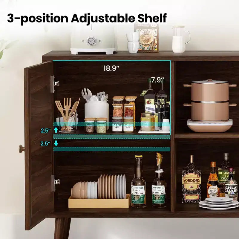 Madia Moderna con 3 Ante in Rattan, Mobile Contenitore con 5 Gambe, Credenza da Cucina per Soggiorno, Ingresso, Marrone